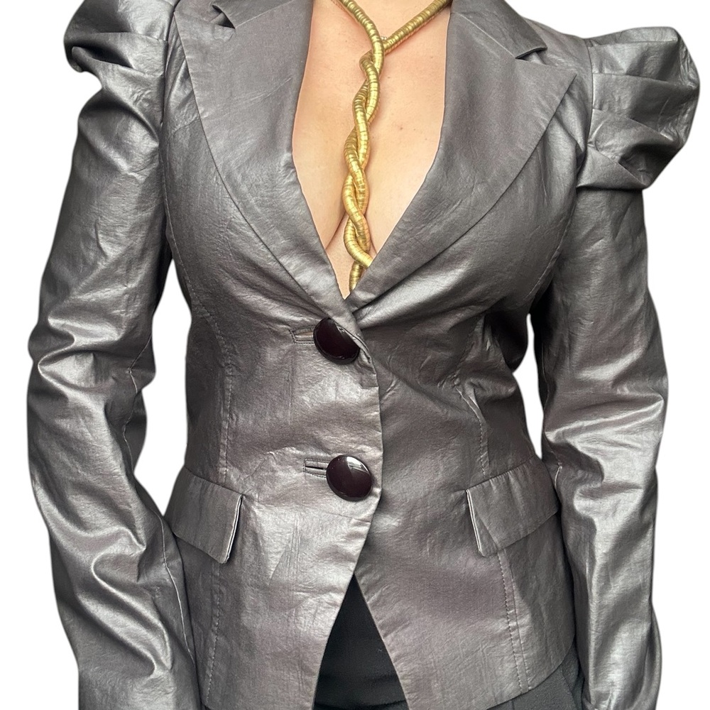 Only - Black Faux Leather Blazer Puff Shoulder Structured Small - Picture 1 of 10